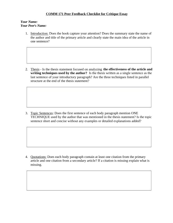 Critique Essay Peer Feedback Checklist