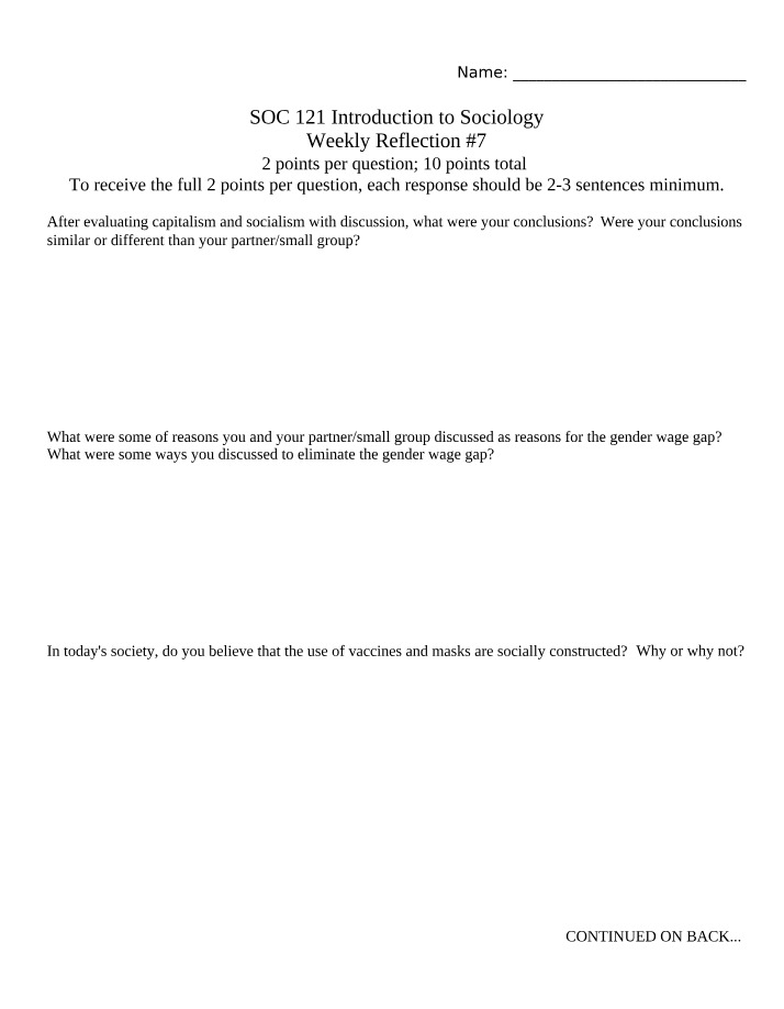 Weekly Reflection 7 - Introduction to Sociology