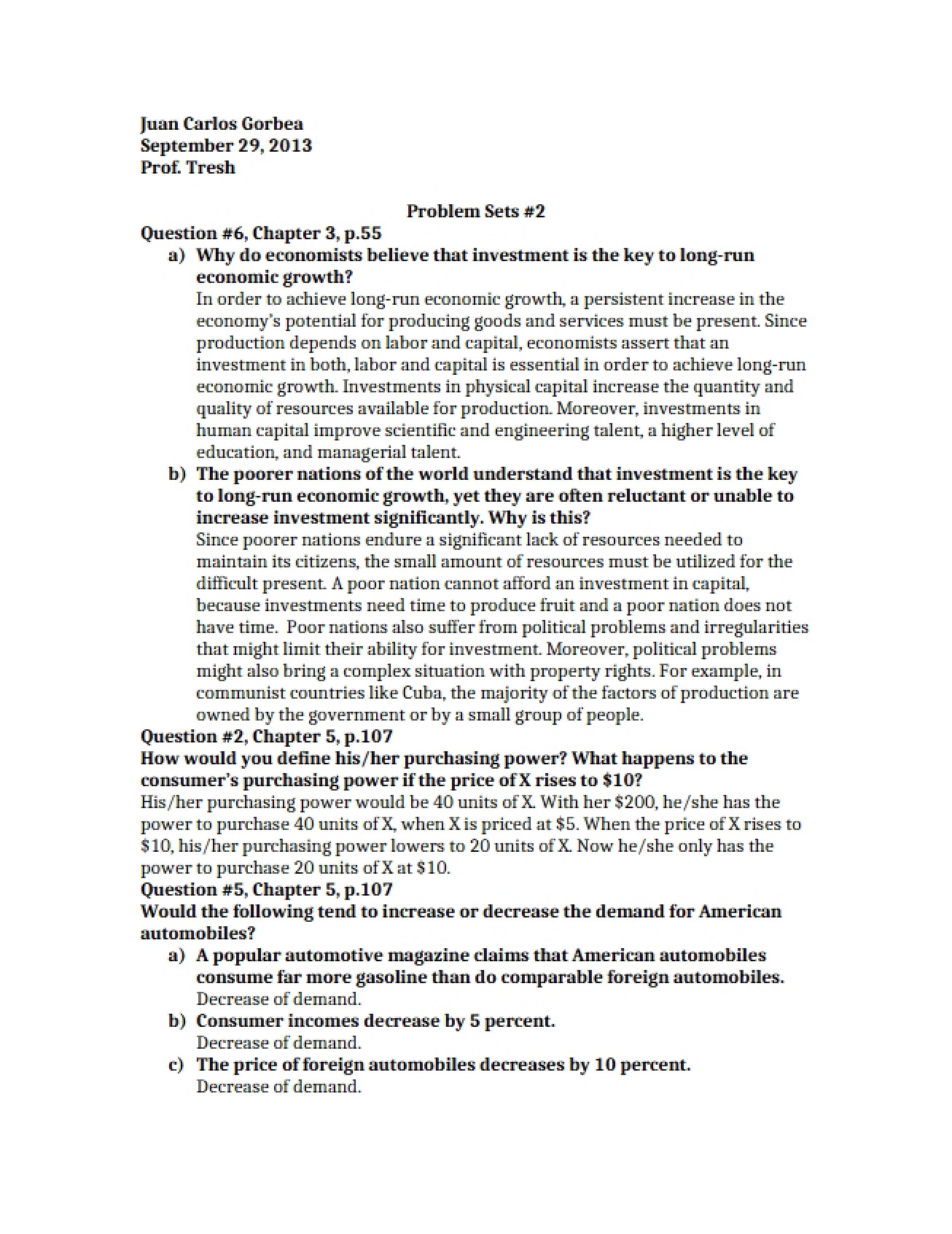 Second Problem Set for Microeconomics