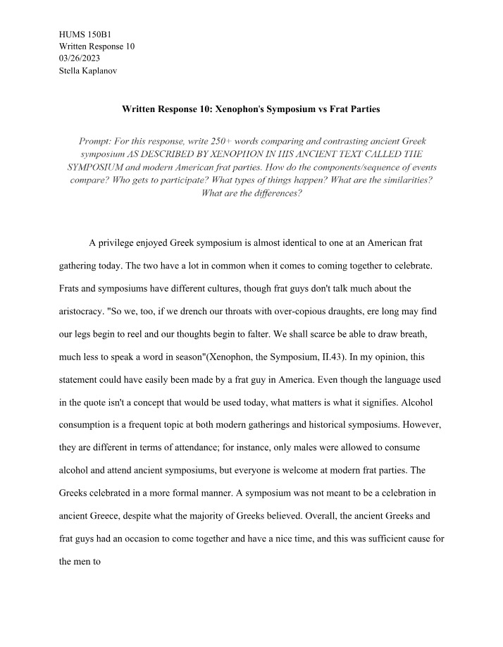 Xenophon's Symposium vs Frat Parties - Written Response 10
