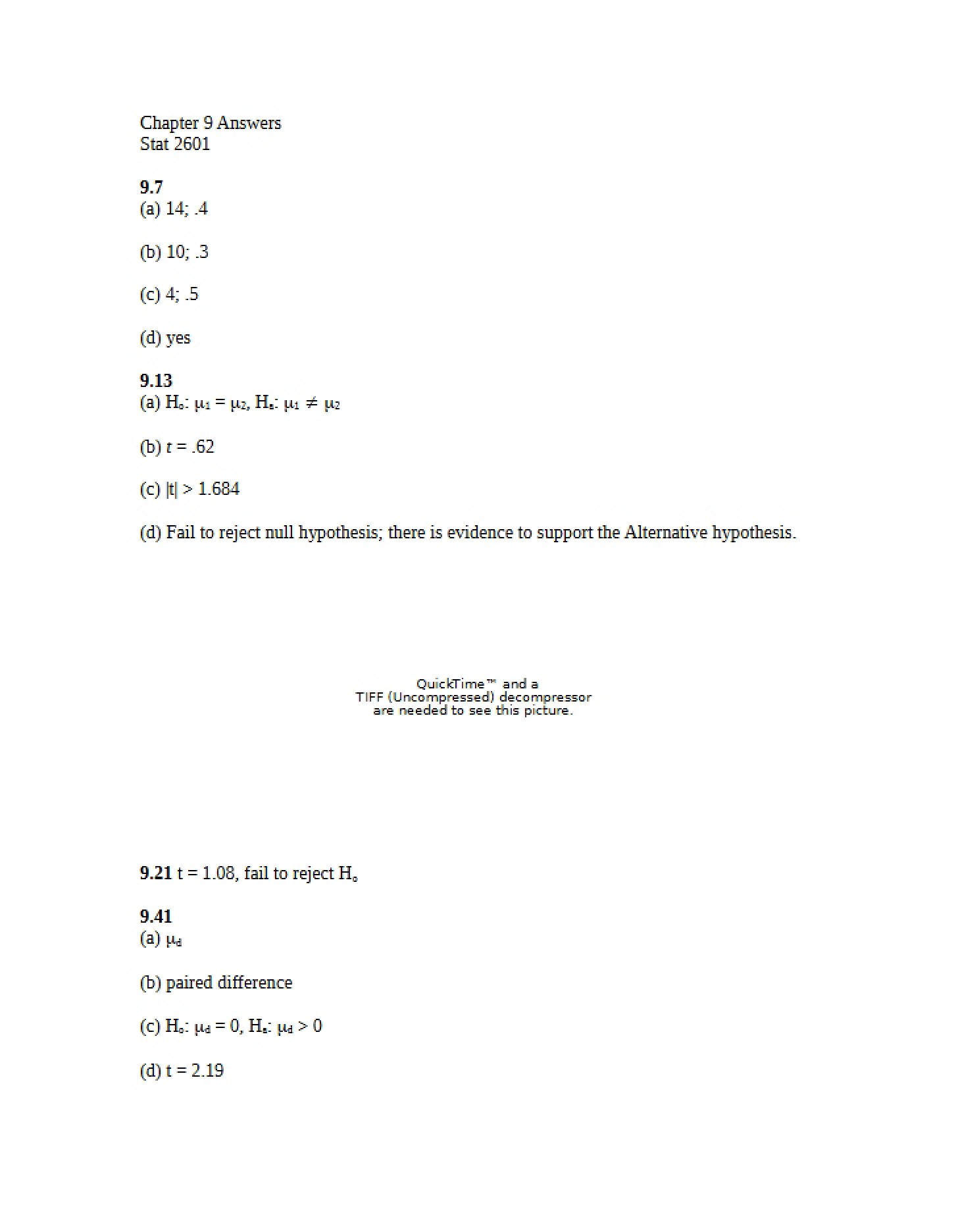 Answers to Chapter 9 (STAT 2601)