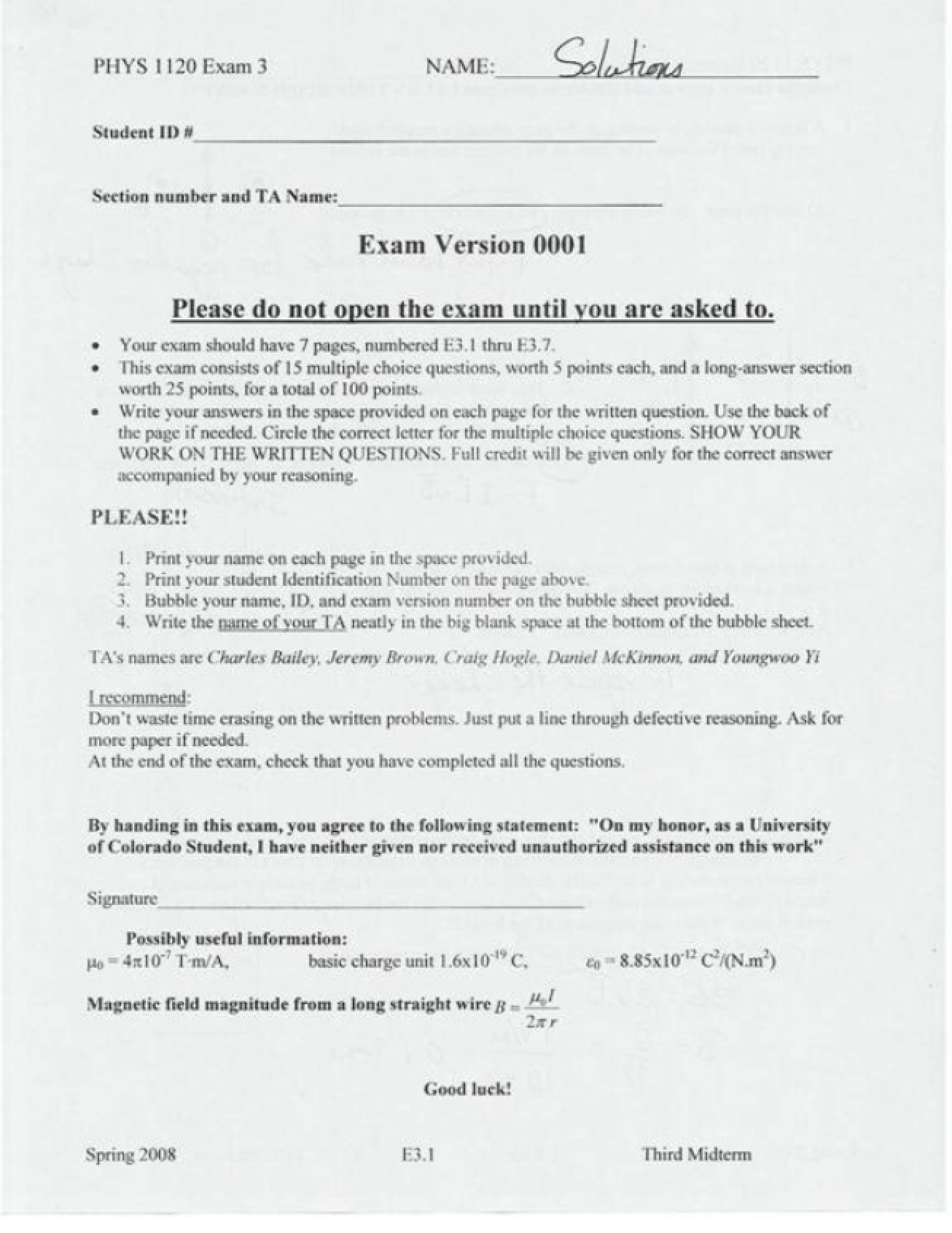 Solution for Sample Exam 3