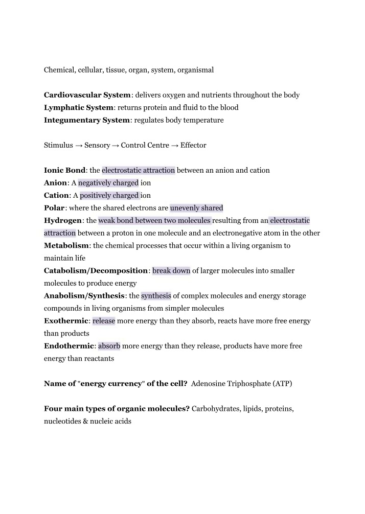 Chemical Processes and Systems for Life Maintenance