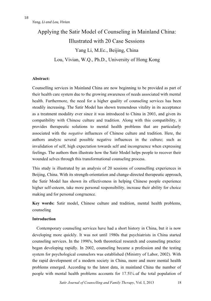 Satir Model of Counseling in Mainland China
