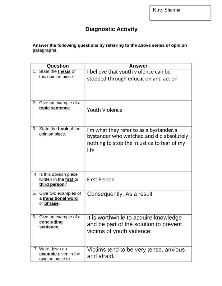 Youth Violence and Education - Diagnostic Activity