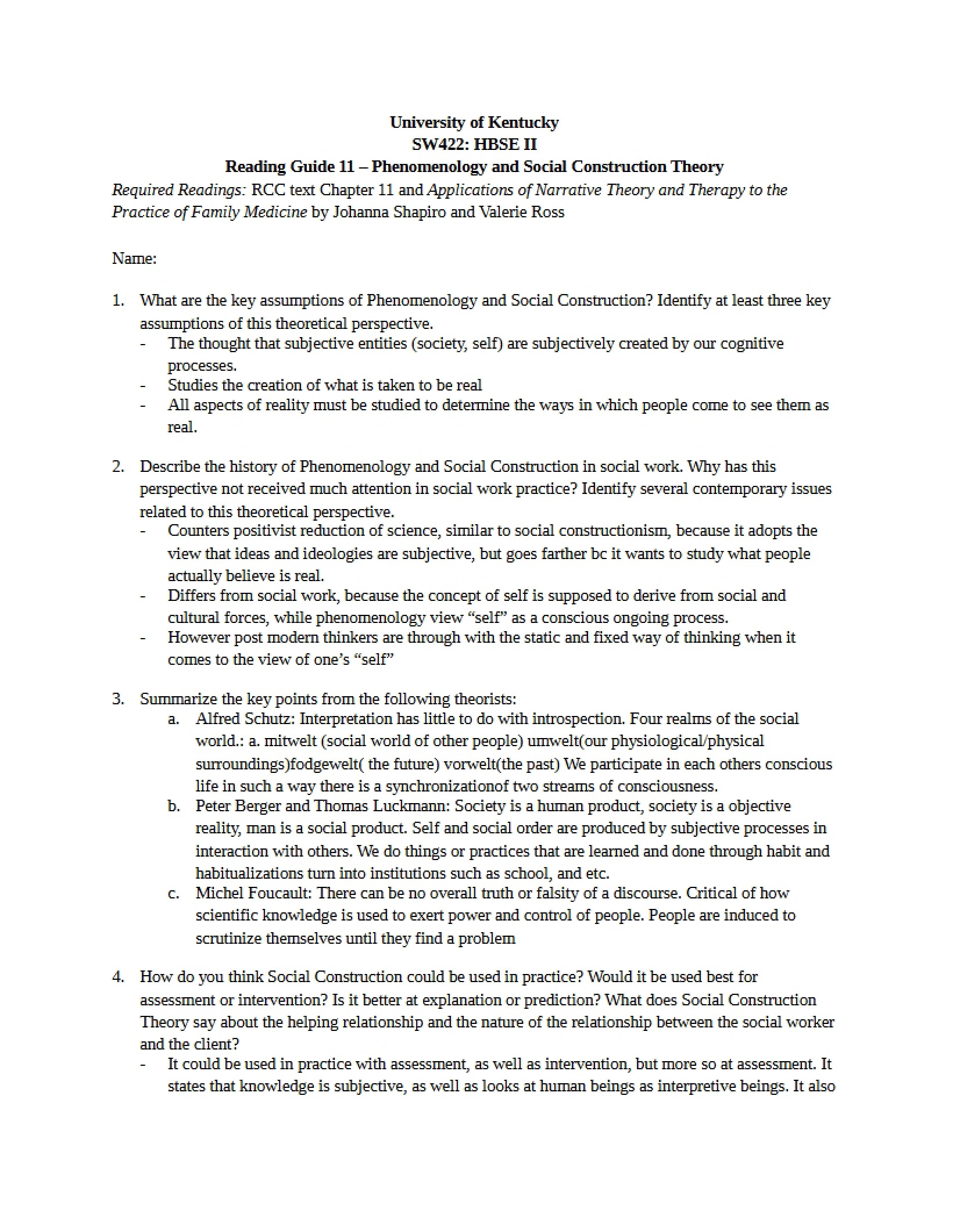 Social Construction Theory and Phenomenology (Guide 11)