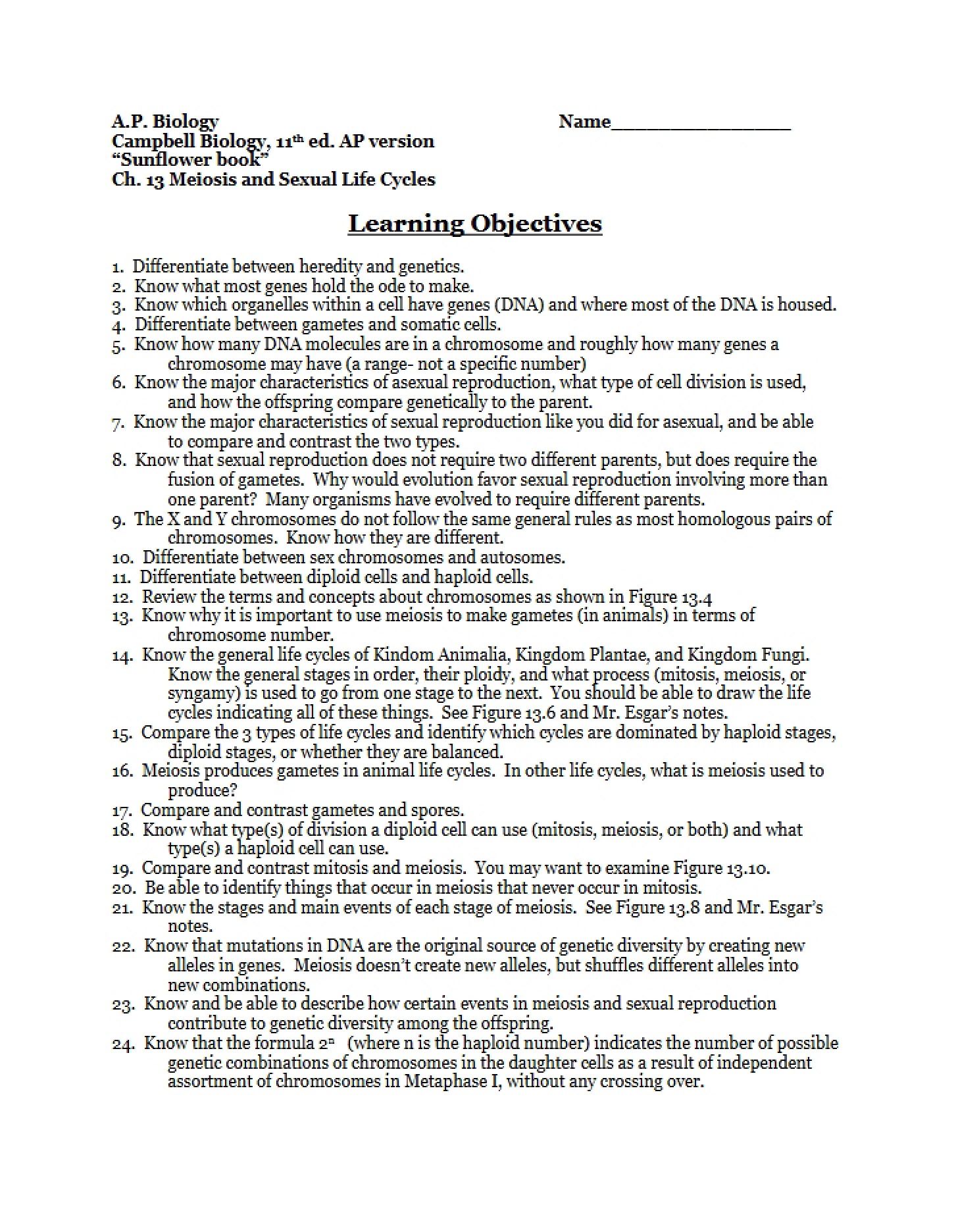 Sexual Life Cycles and Meiosis (Ch 13)