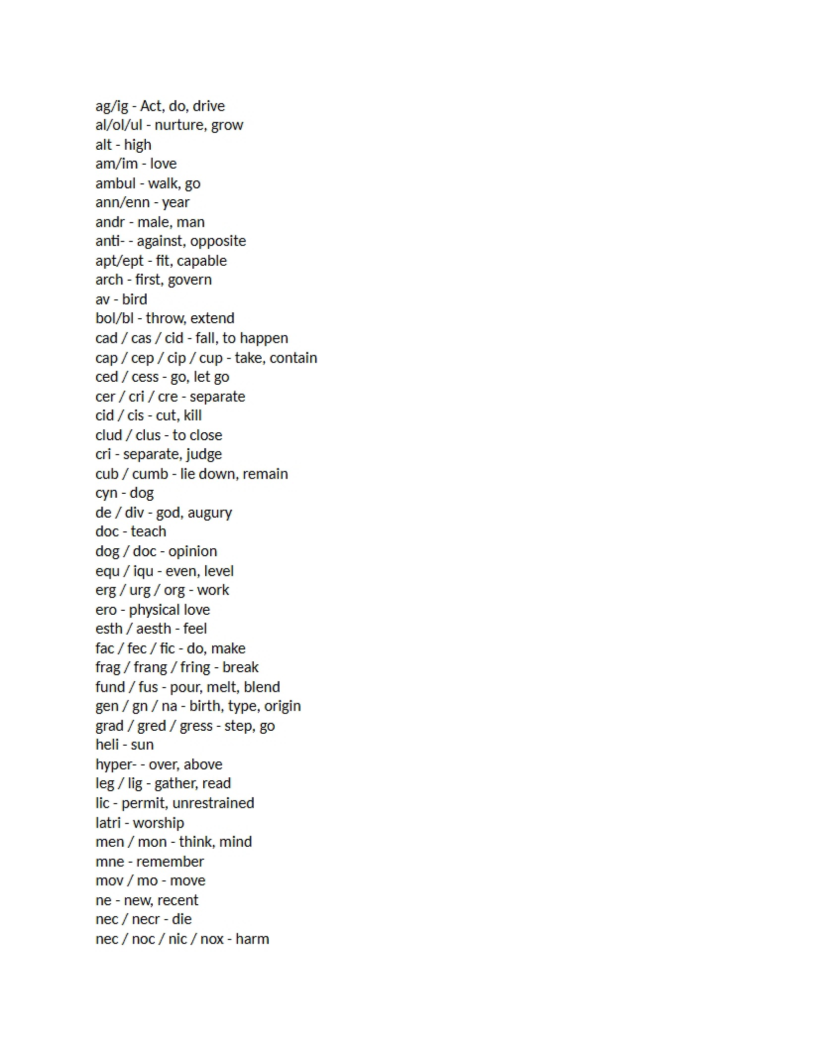 English Words Structure List