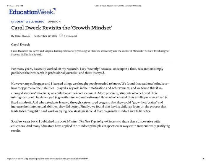 Opinion - Carol Dweck on the Growth Mindset