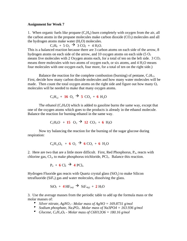 Balancing Combustion Reactions for Propane, Pentane, and Ethanol
