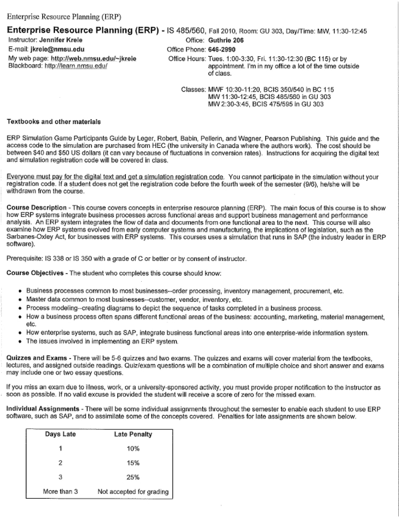 Syllabus for a Course in Enterprise Resource Planning