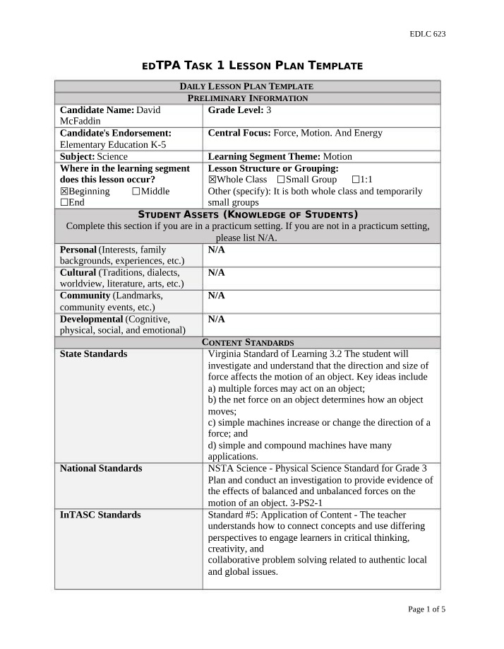Lesson Plan Template for EDTPA Task 1