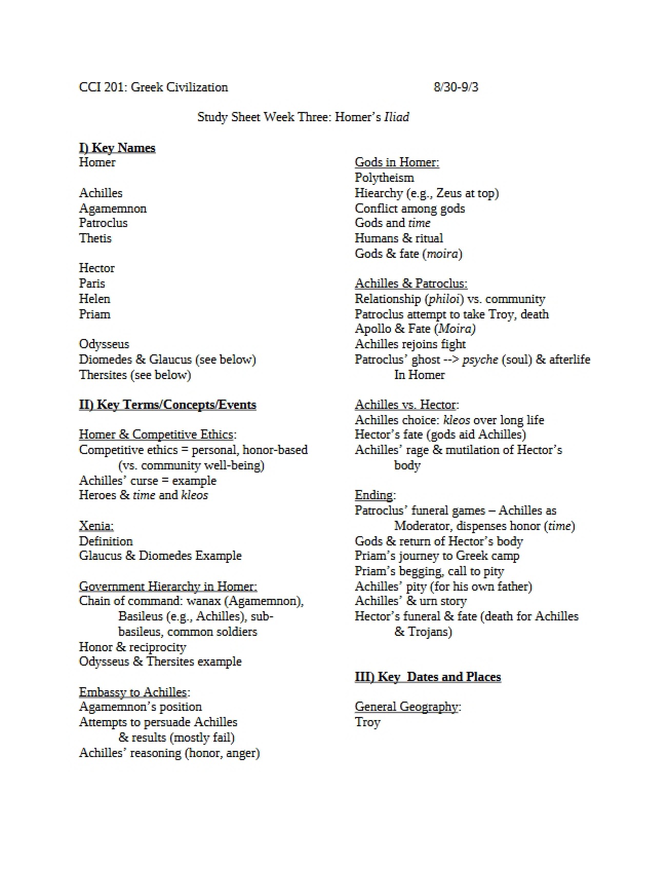 Week 3 Study Guide The Iliad
