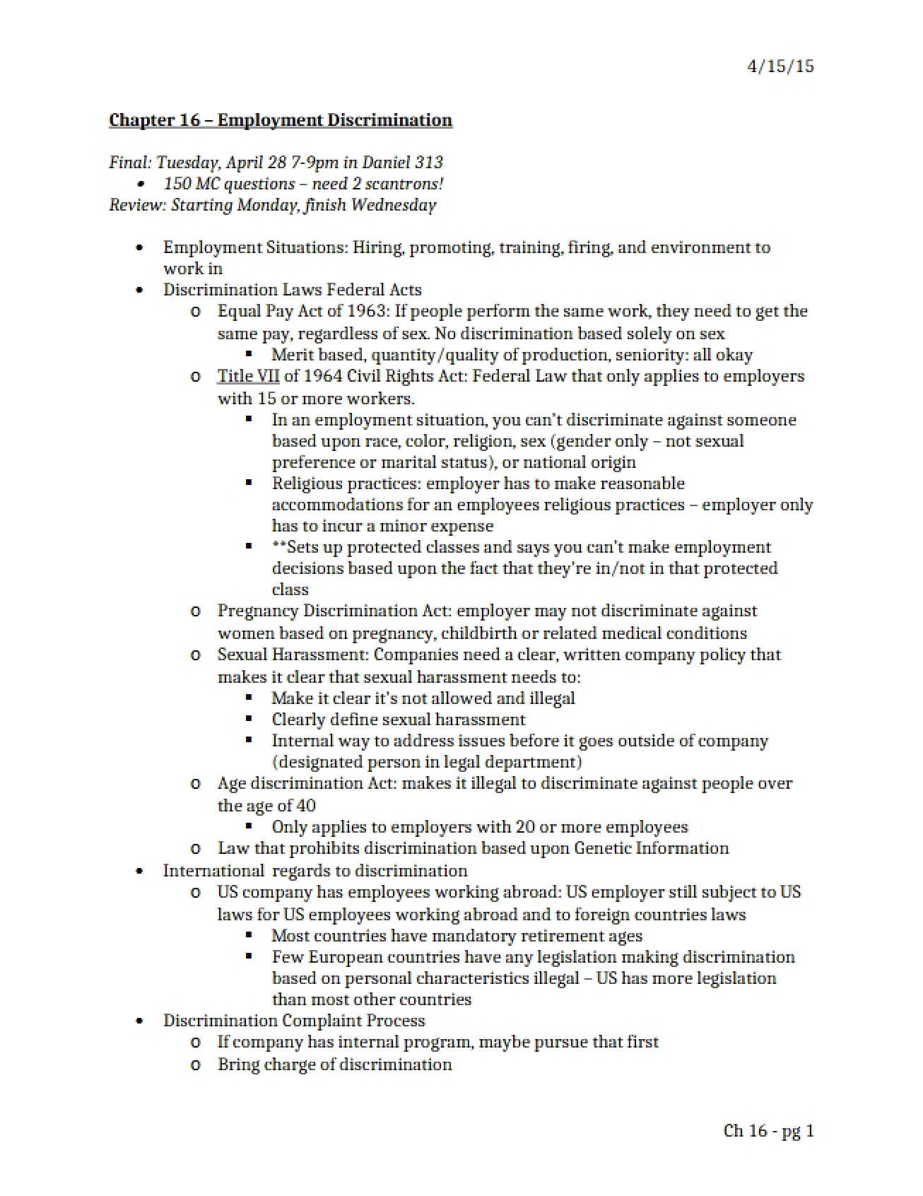 Employment Discrimination - Chapter 16 - Part 1