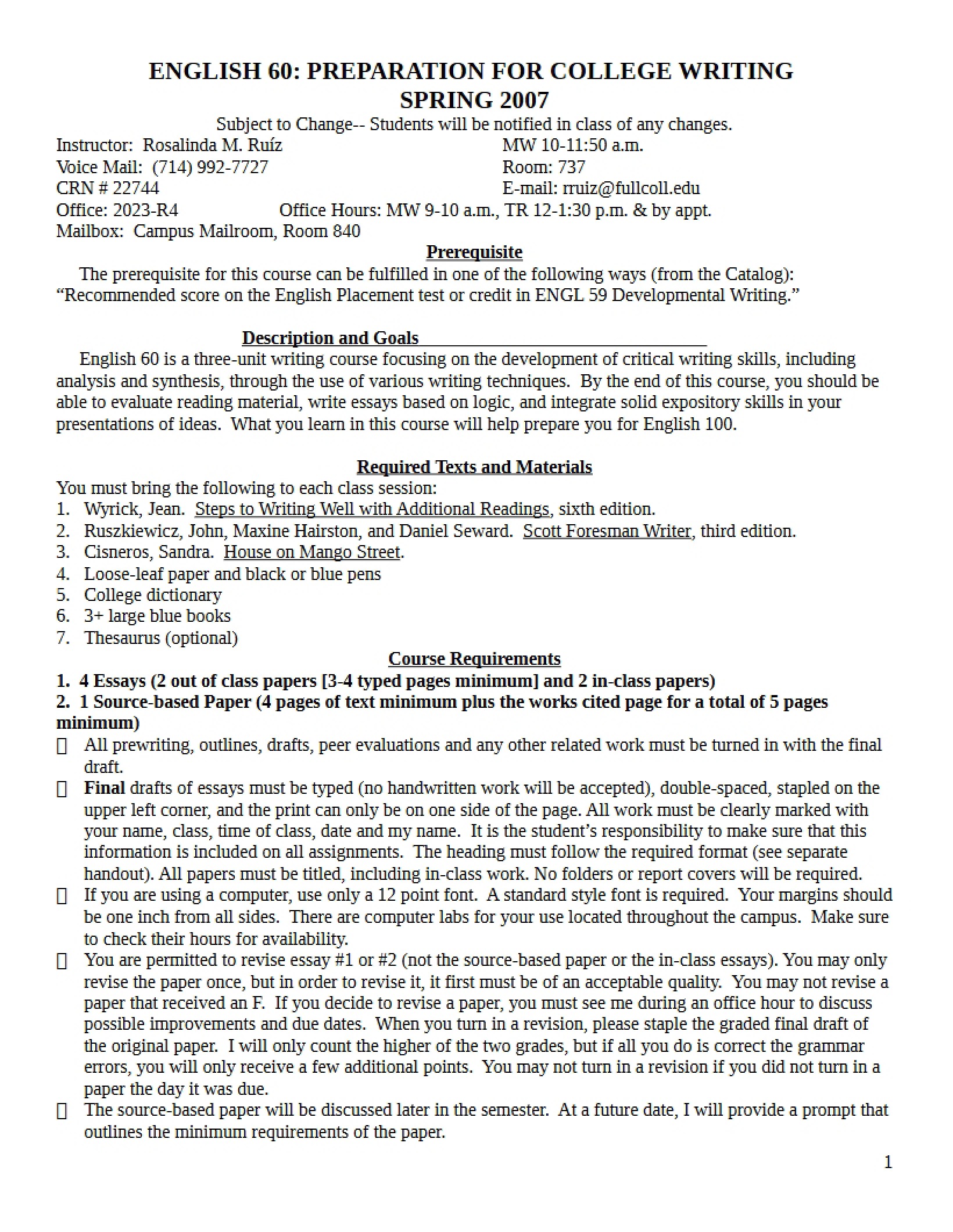 Syllabus for English 60 (Spring 07 MW 10 AM)