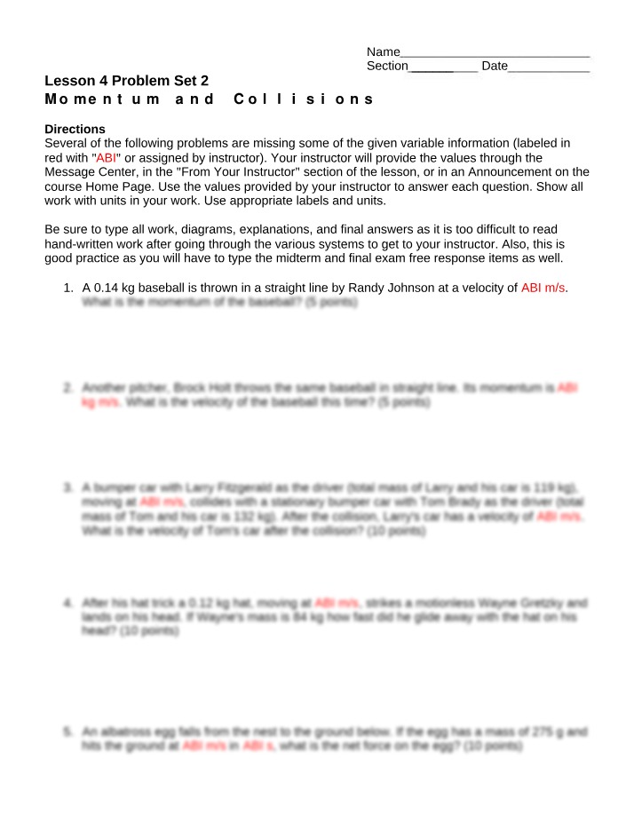 Problem Set 2 for Momentum and Collisions Lesson 4