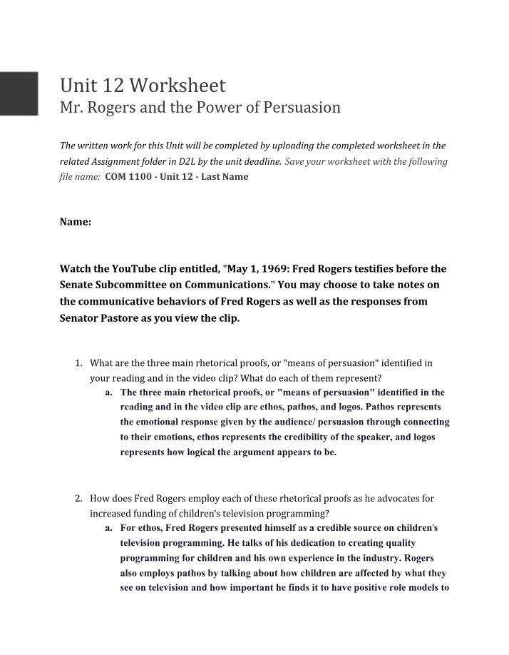 Worksheet for Unit 12