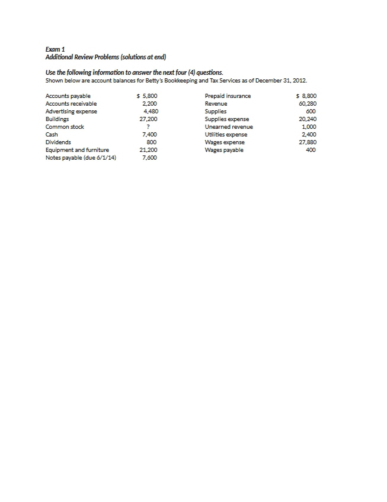 Additional Review Problems for the First Accounting Exam