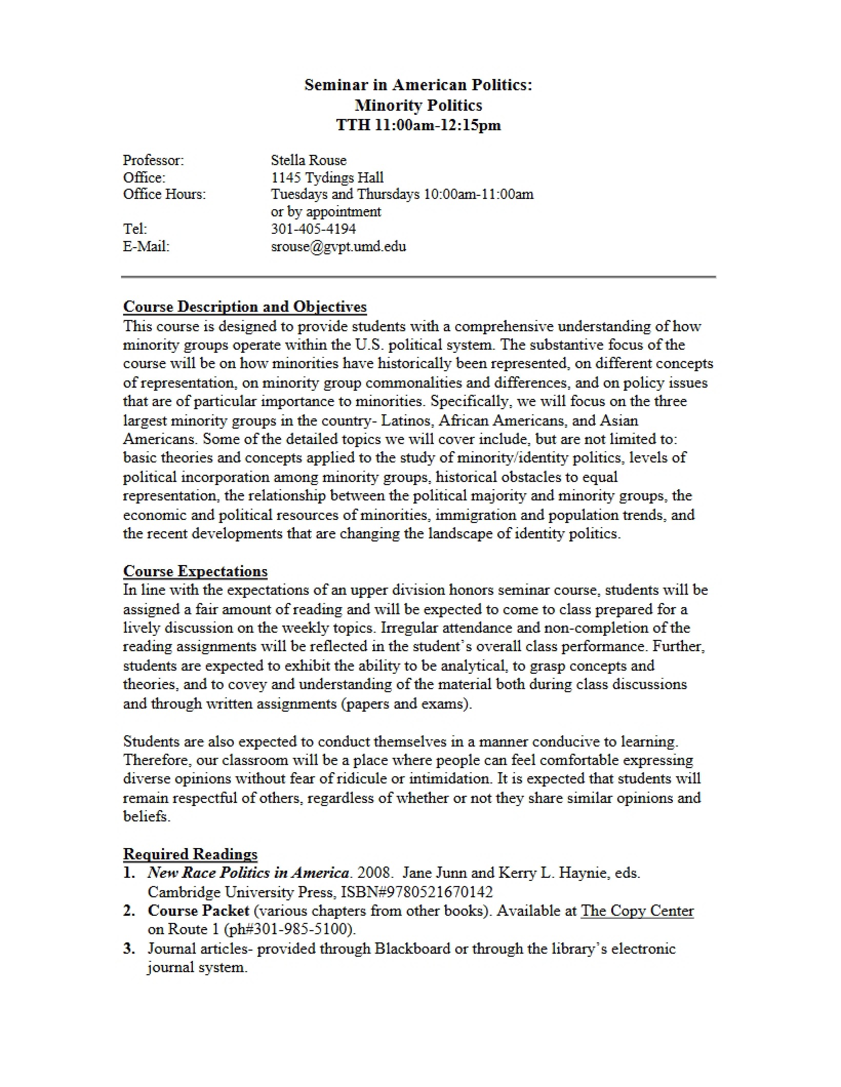 Course Outline Minority Politics