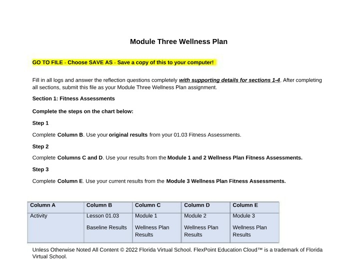 Wellness Plan Module Three - Fitness Assessments and Reflections