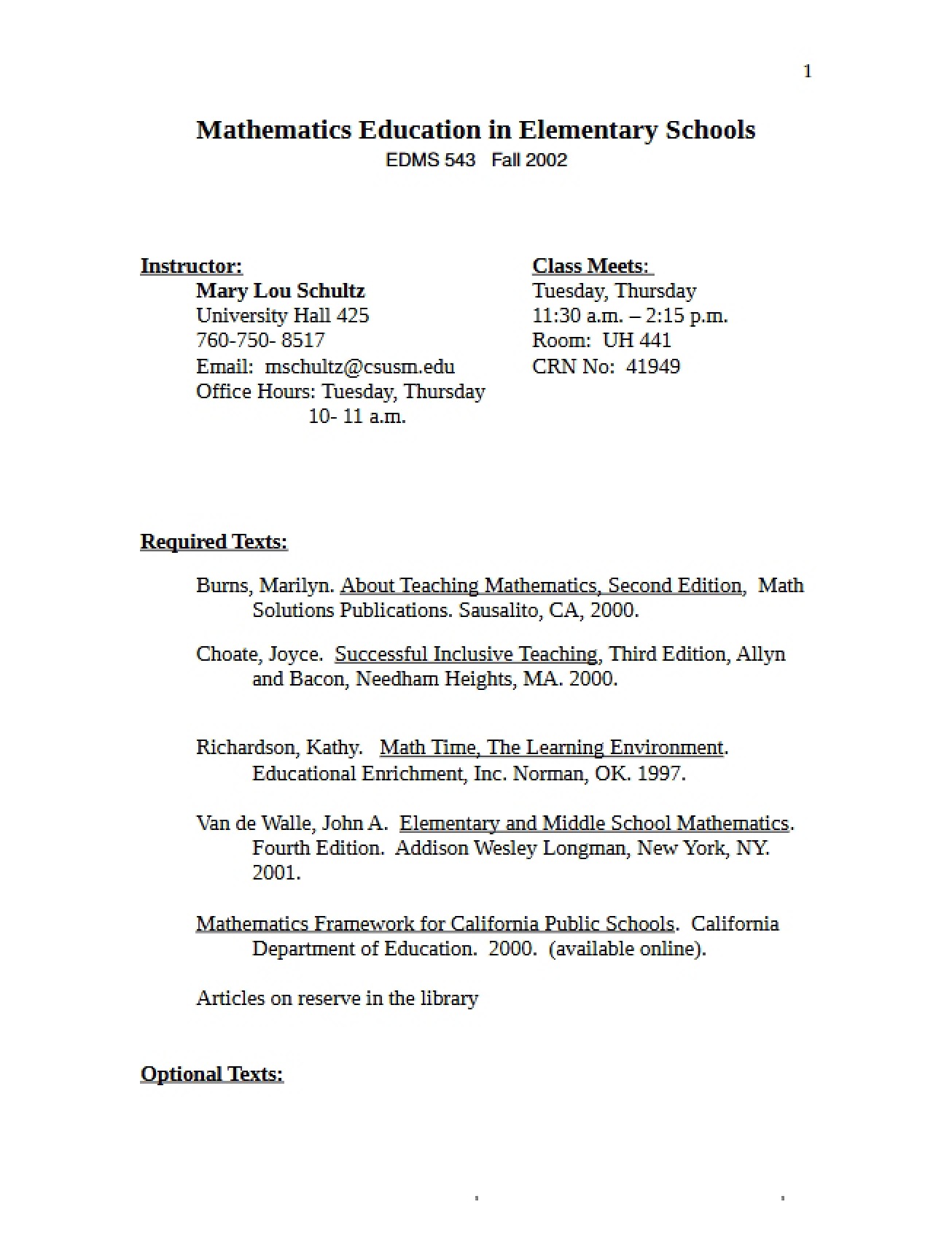 Syllabus for Elementary School Math Ed
