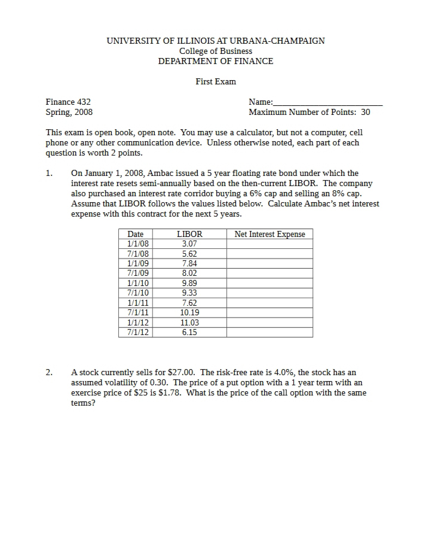 Exam 1 (2008 A)