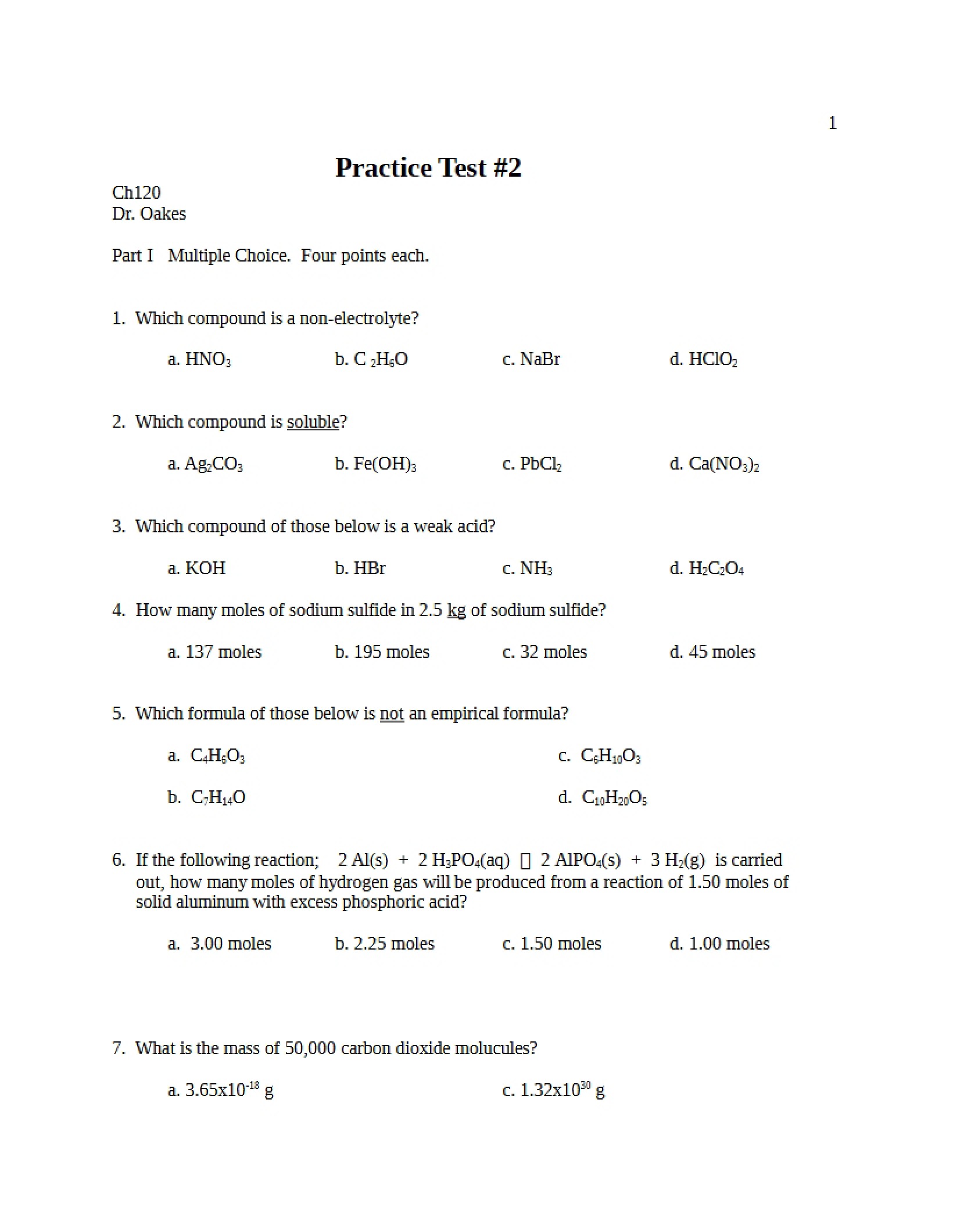 Second Practice Test for Chem 120