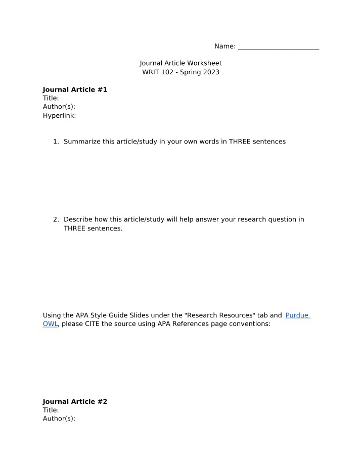 Worksheet for Journal Article