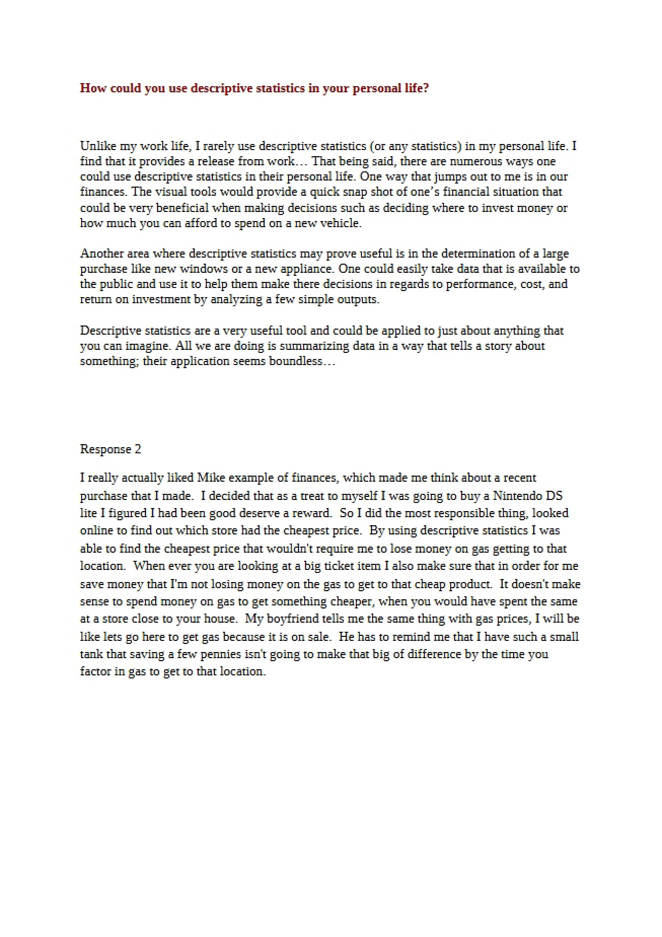 Personal Life Applications of Descriptive Statistics
