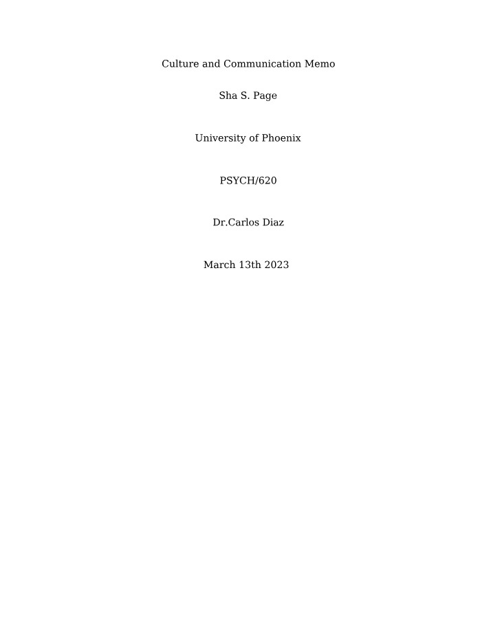 Culture and Communication Memo Part 3
