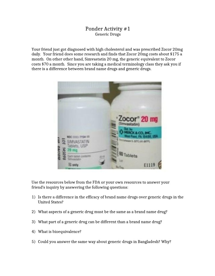 Generic Drugs - Ponder Activity #1