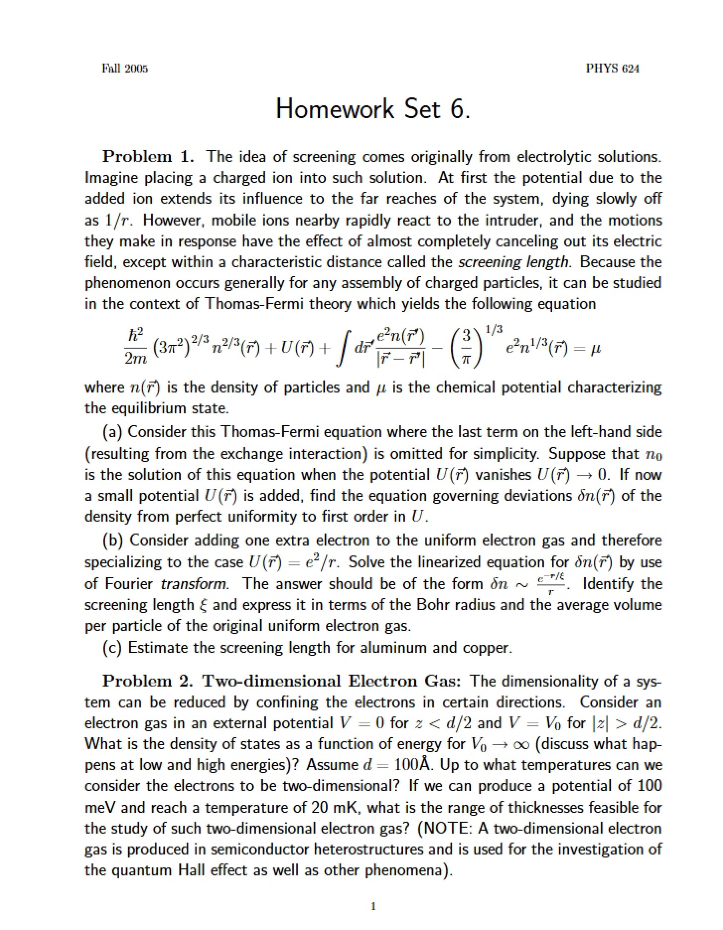 Homework for Physics 624
