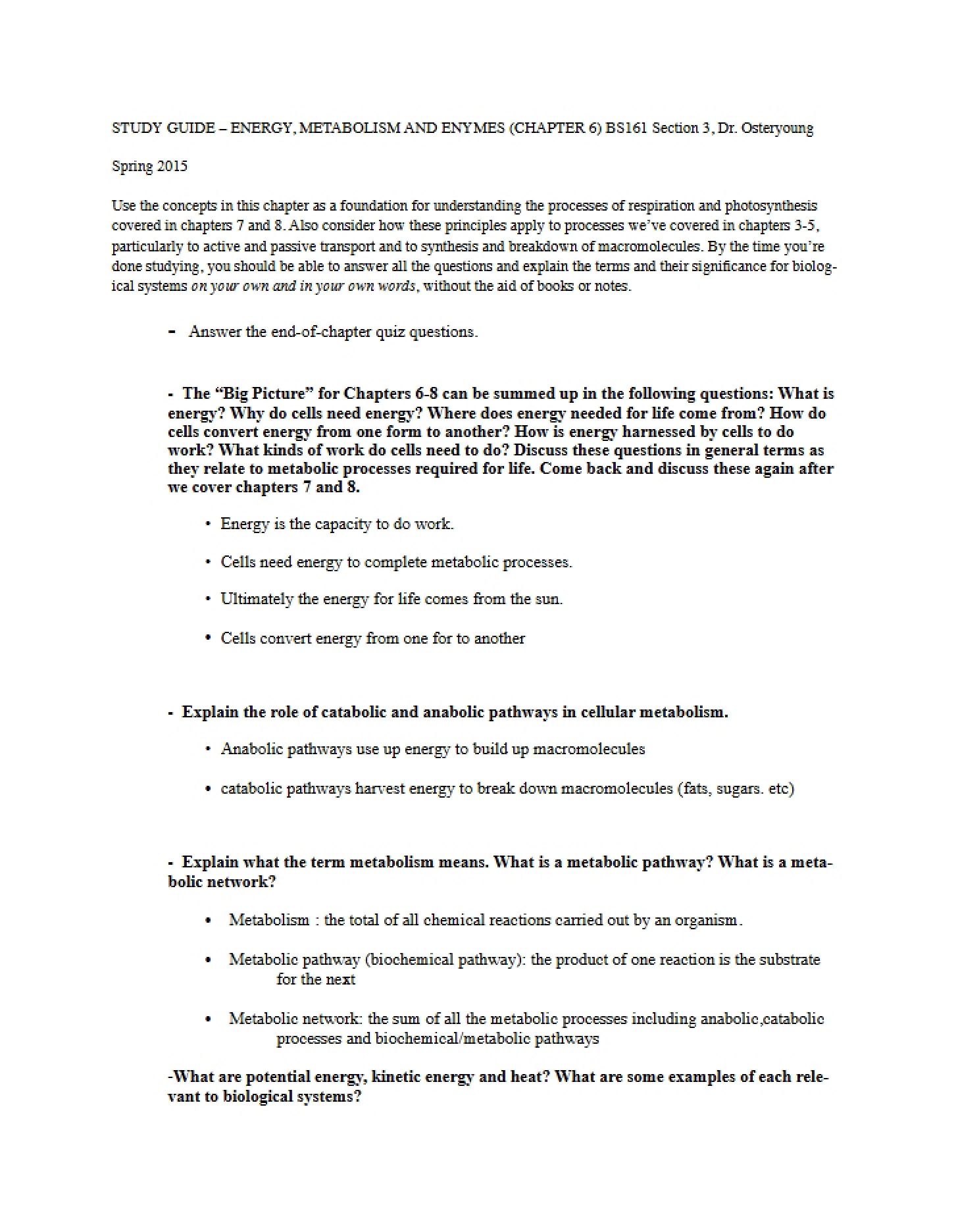 Energy, Enzymes, and Metabolism Study Guide
