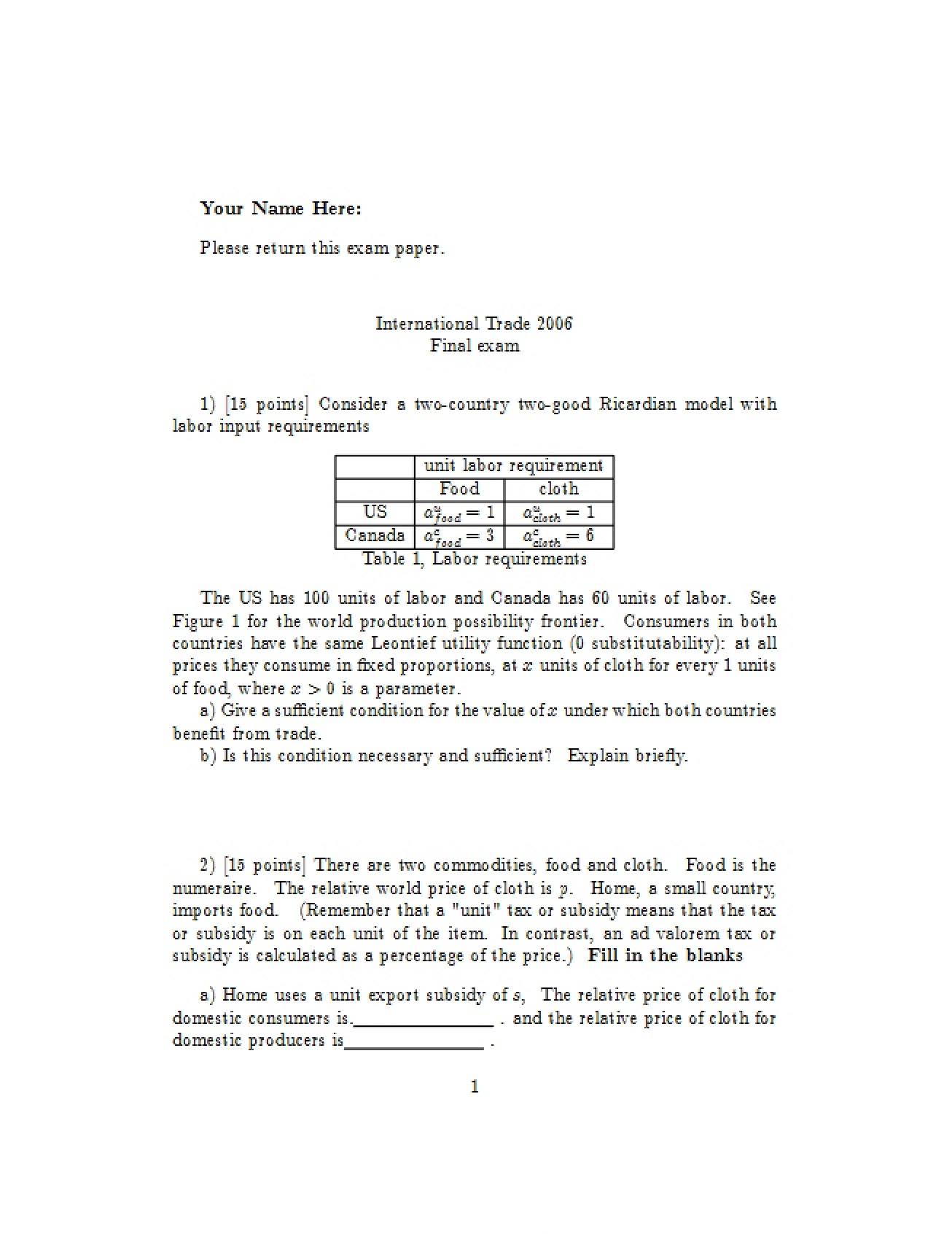 Final Examination for Production Economics