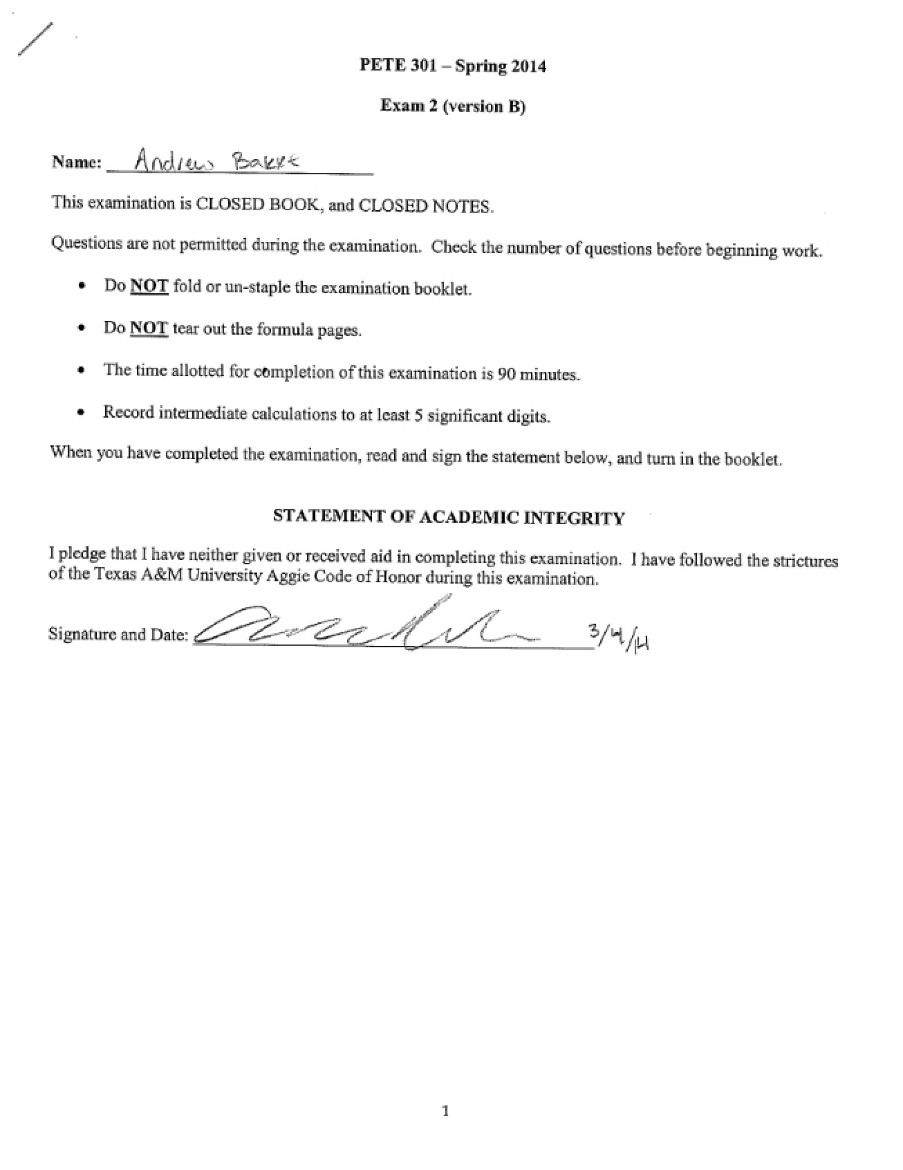 Numerical Methods Exam 2 (Spring 2014)