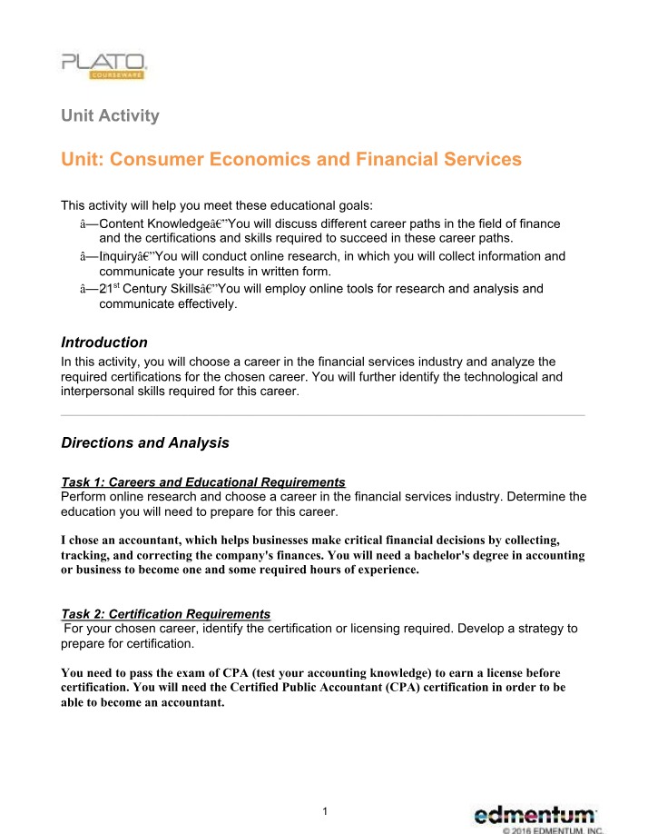 Unit Activity - Consumer Economics and Financial Services