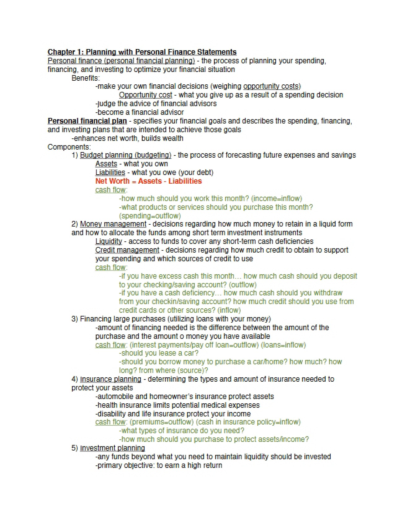 Personal Finance Statements Planning Chapter 1