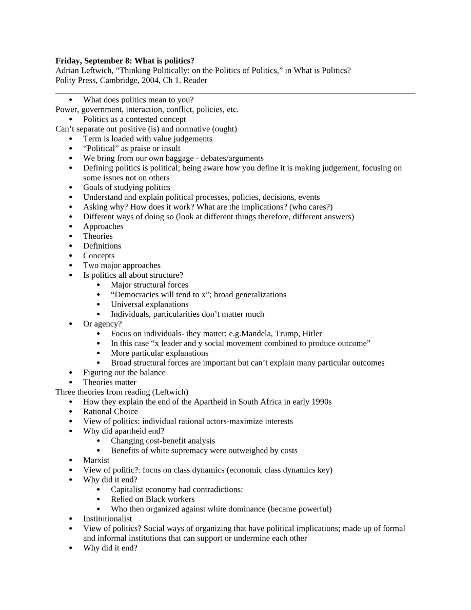 What is Politics - Notes by Adrian Leftwich
