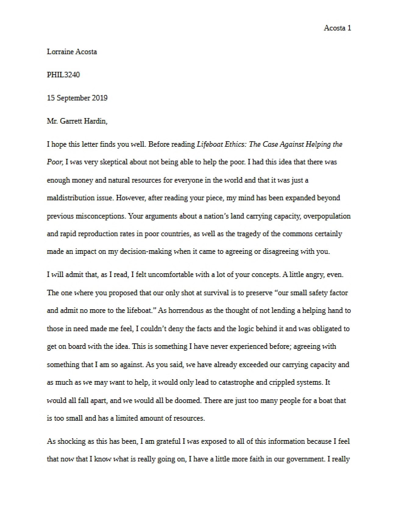 Letter to the Ethicist Garrett Hardin