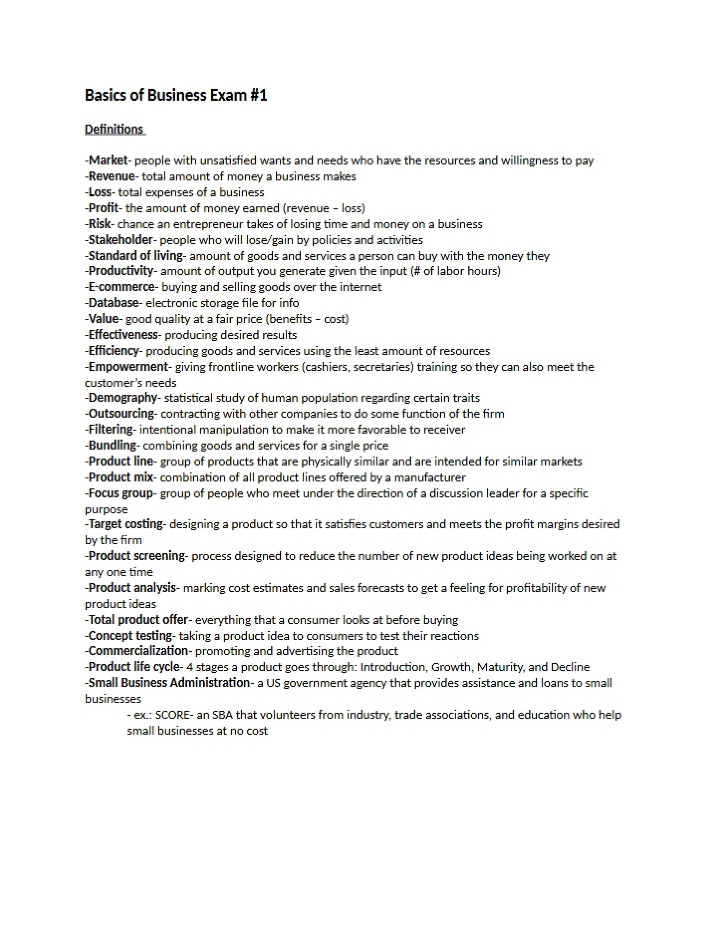 Exam 1 Business Basics