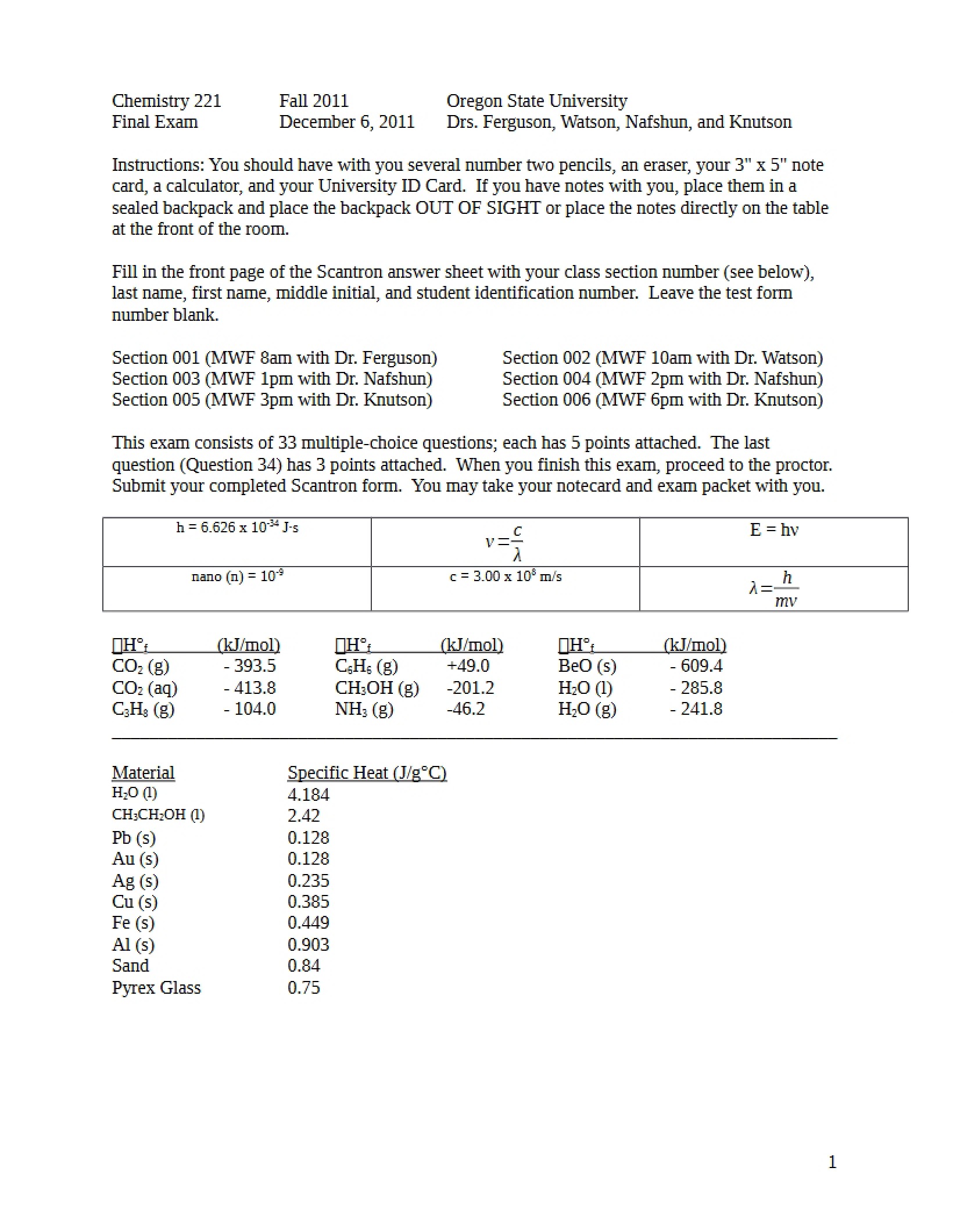 Final Examination CH 221