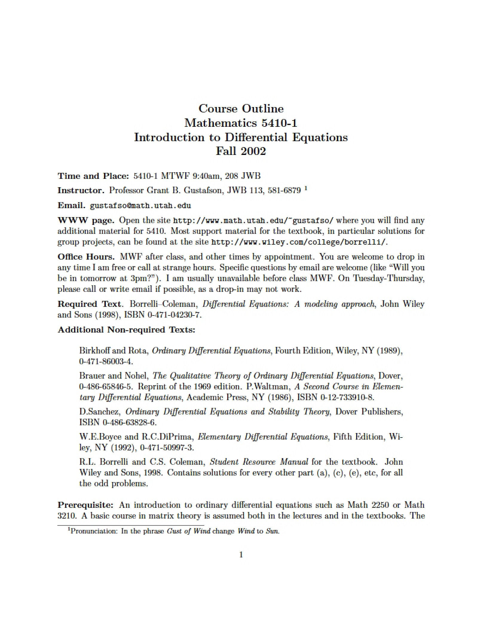 Syllabus for Diff Eq Introduction