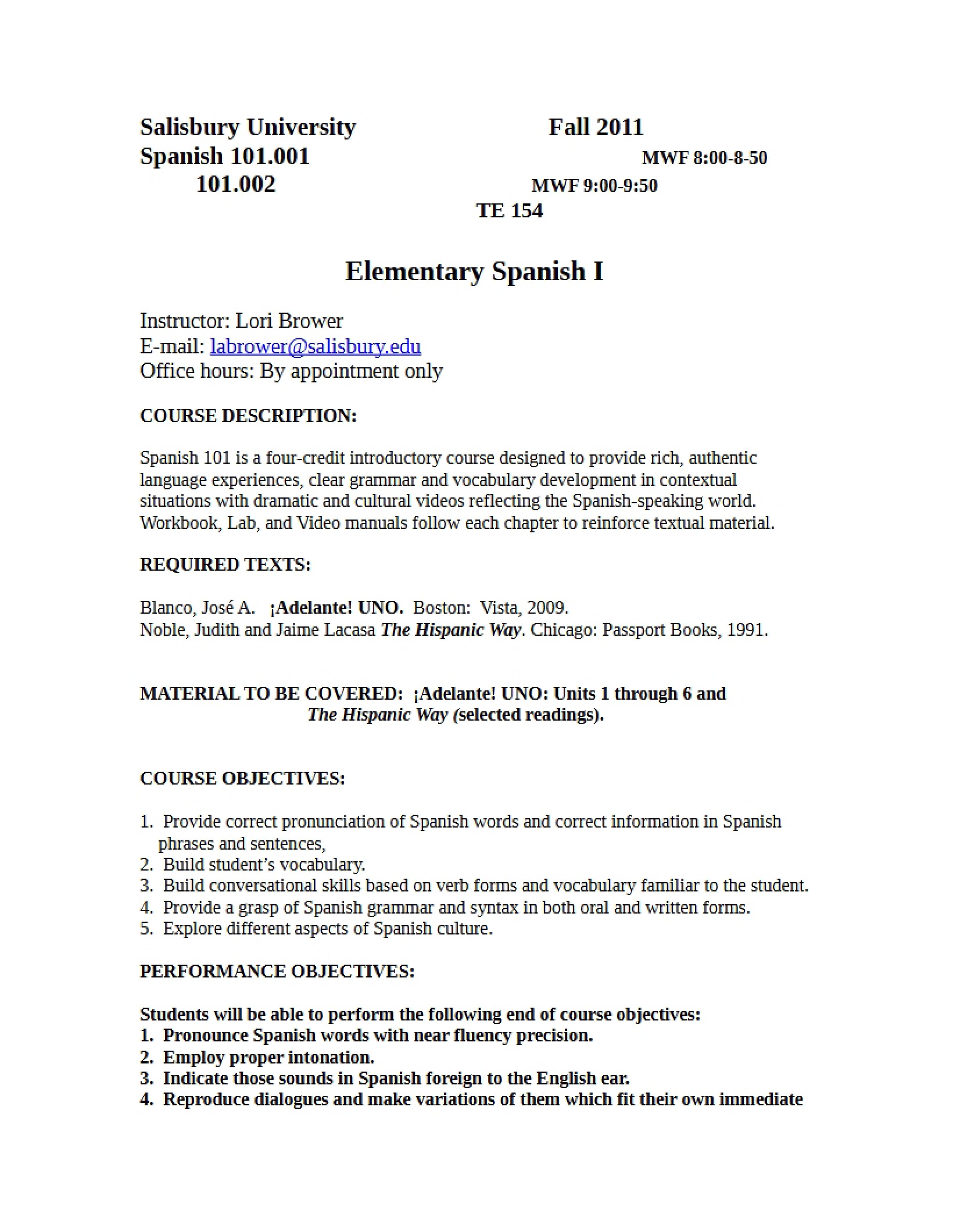 Syllabus Elementary Spanish I - SPAN 101