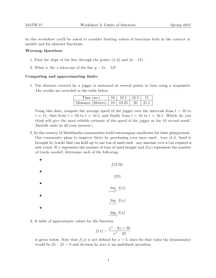 Worksheet 2 for Math 21