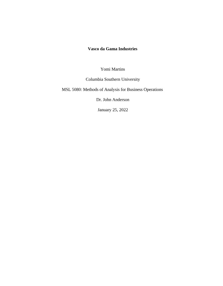 Vasco da Gama Industries - Decision Tree Model Analysis