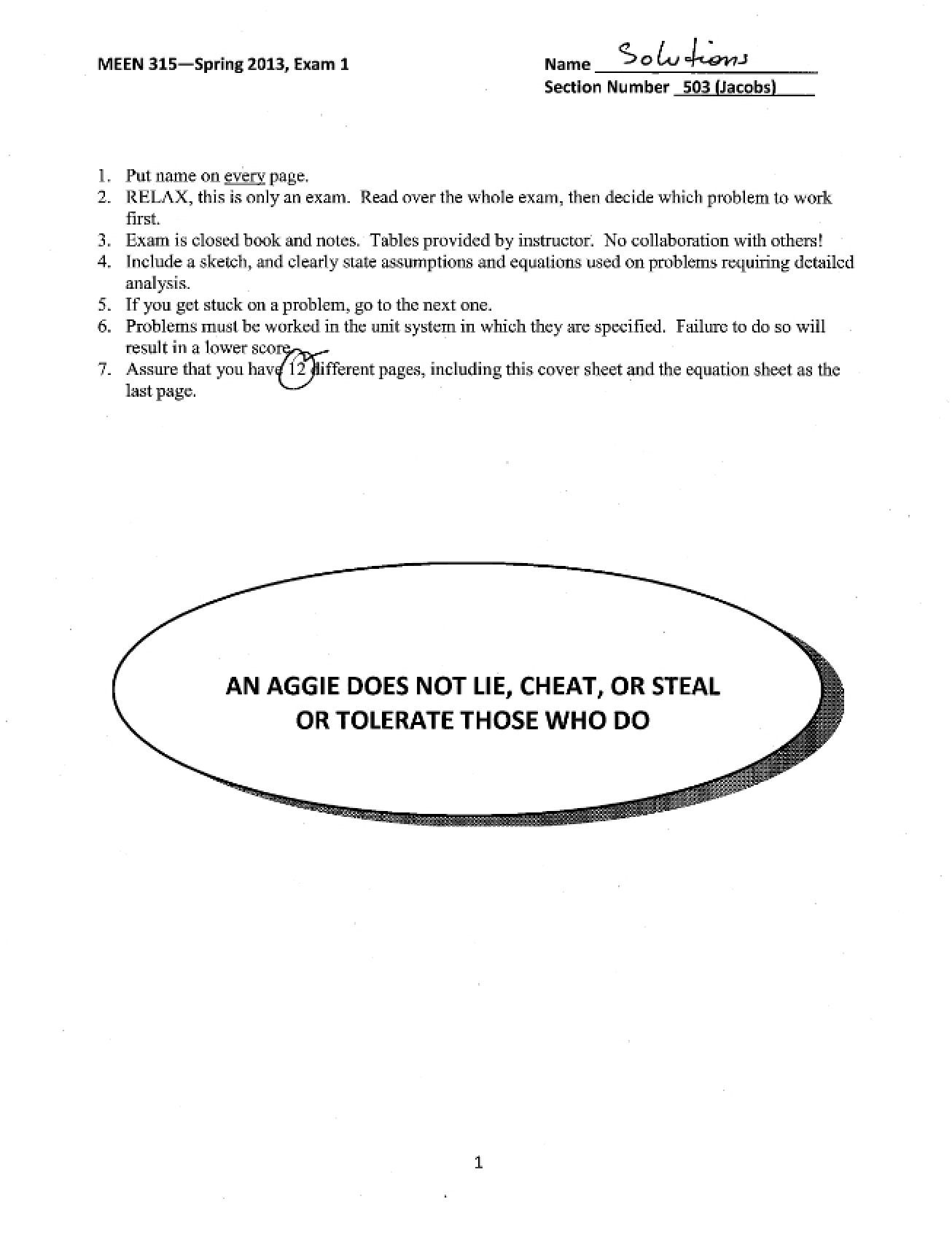 MEEN 315 Exam One Solutions (2013, Version A)