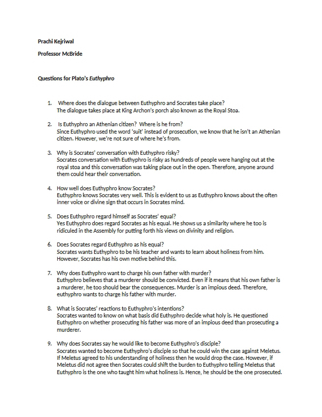 Euthyphro by Plato Questions