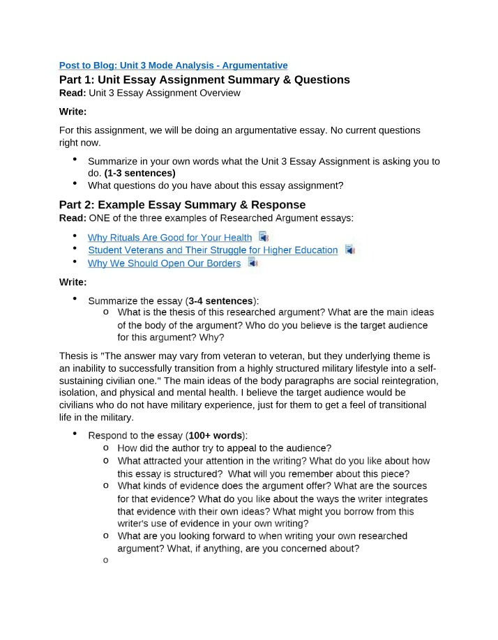 Unit 3 Argumentative Essay - Assignment Summary