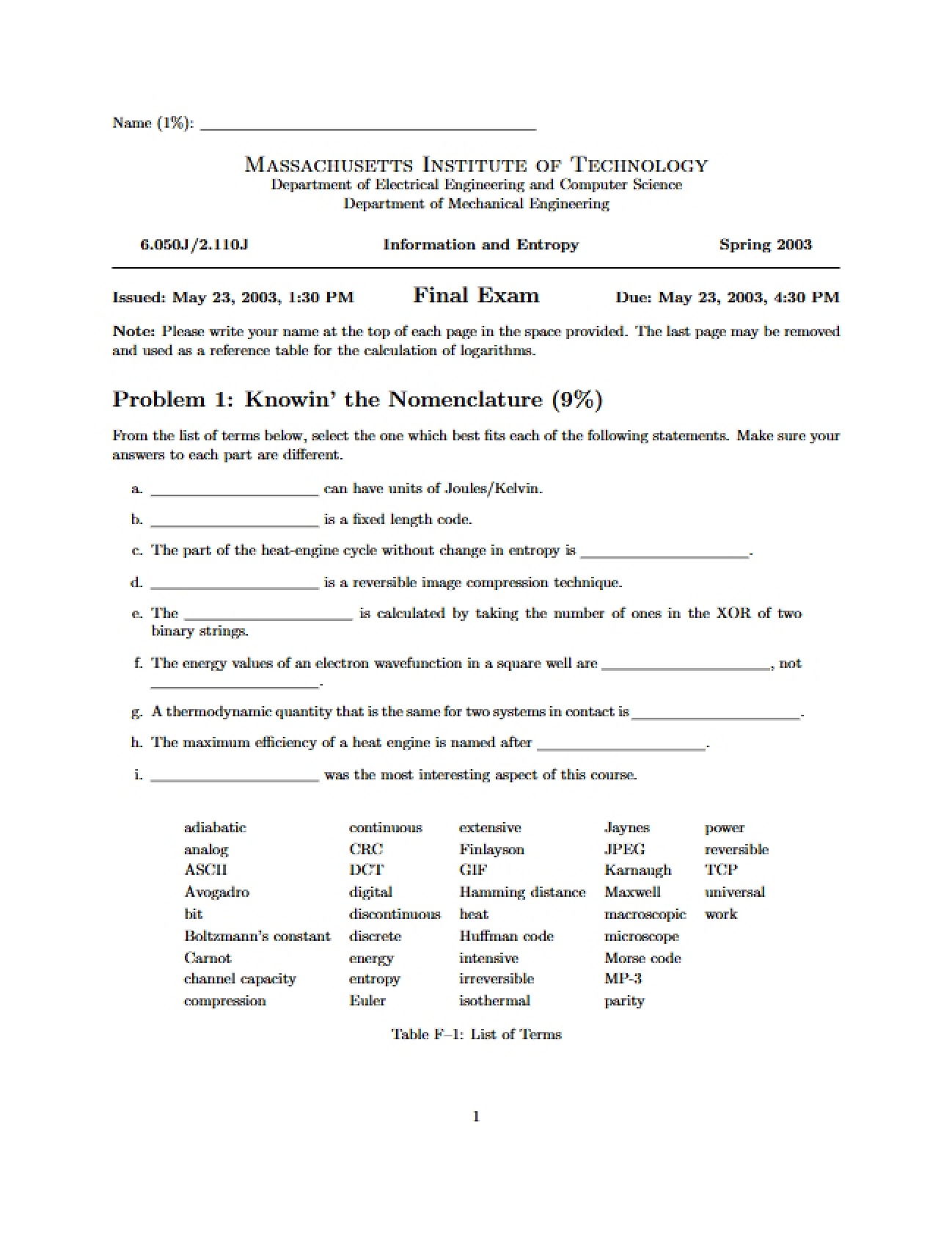 Entropy Final Exam