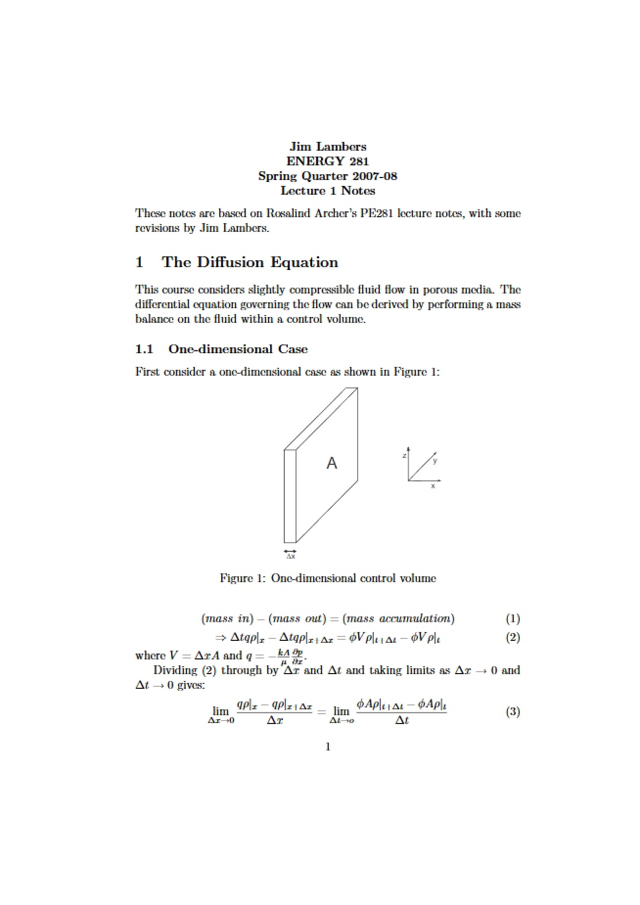 Notes from the First Lecture in Reservoir Engineering